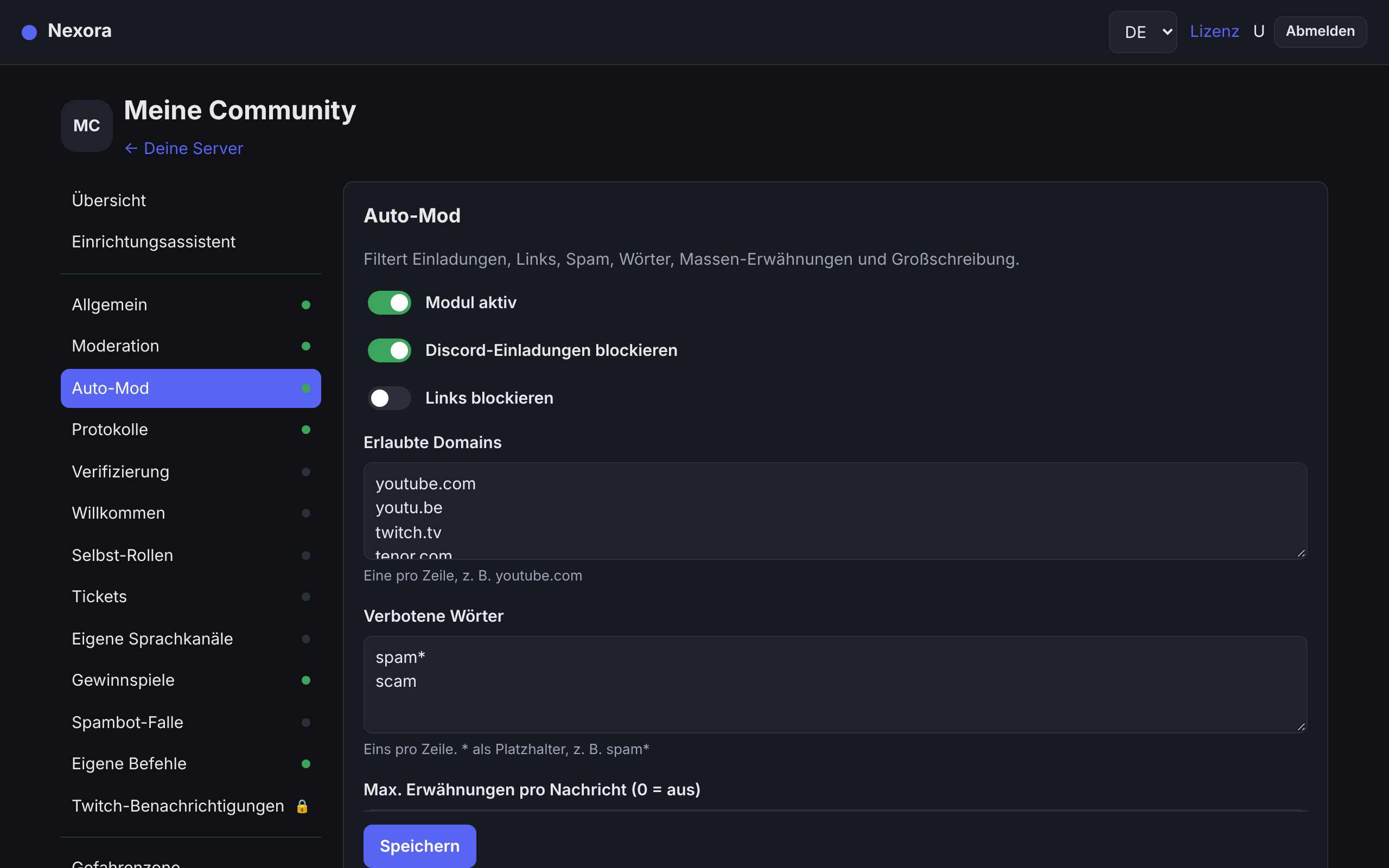 Einstellungen des Auto-Mod im Dashboard